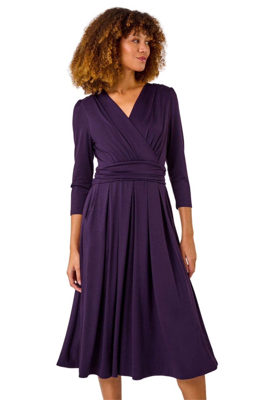 Roman Purple Mock Wrap V-Neck Stretch Midi Dress