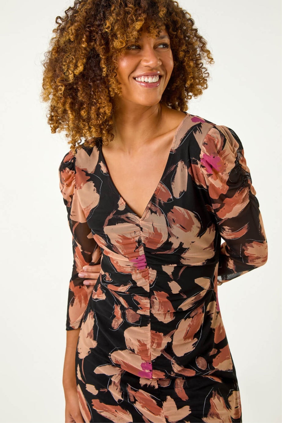 Roman Beige Ruched Floral Frill Dress