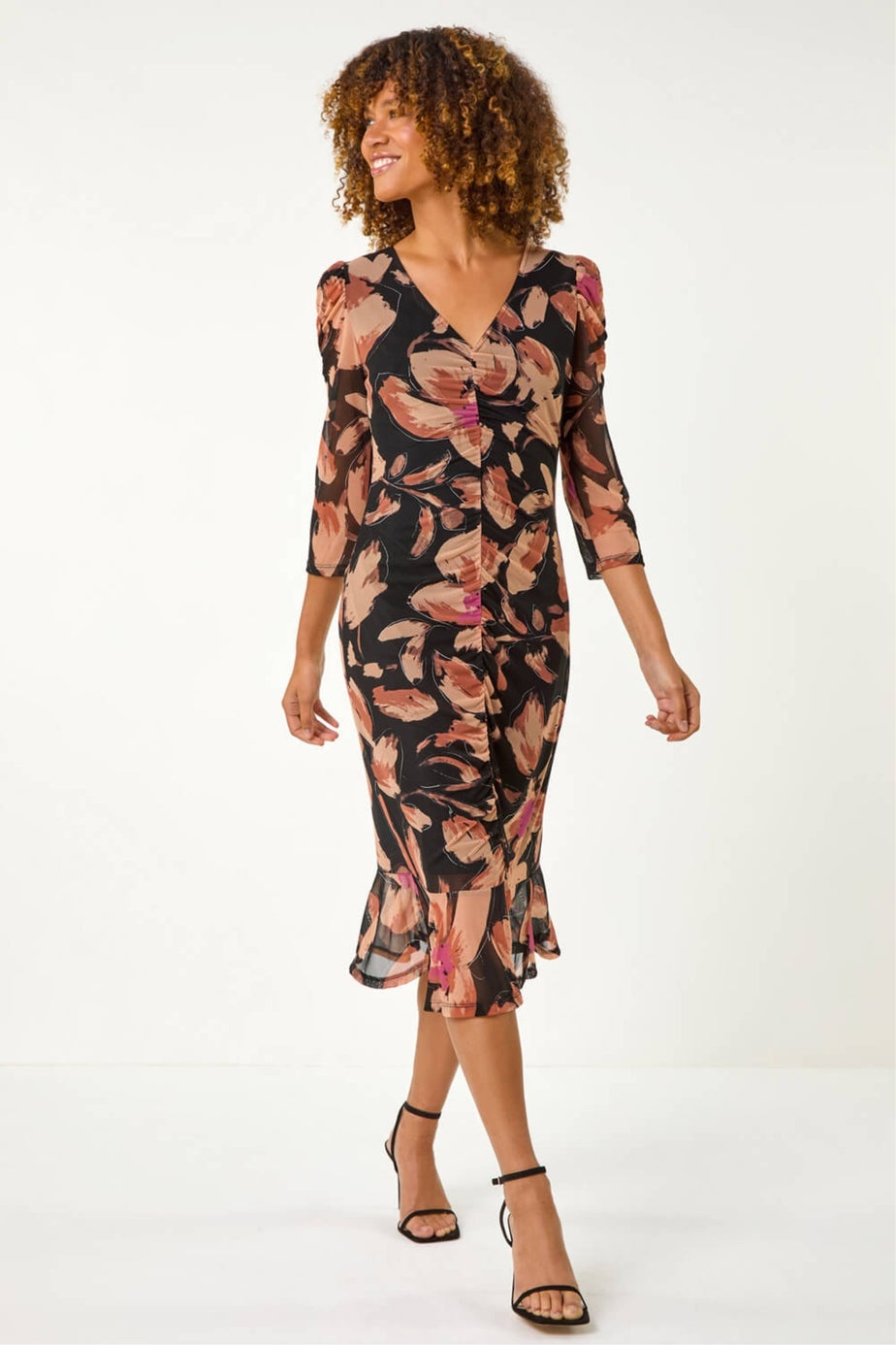 Roman Beige Ruched Floral Frill Dress