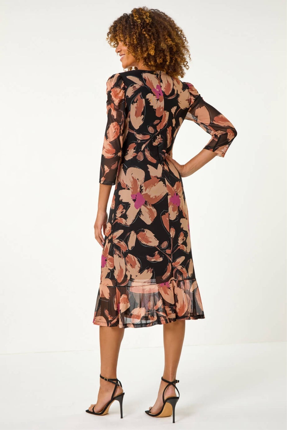Roman Beige Ruched Floral Frill Dress