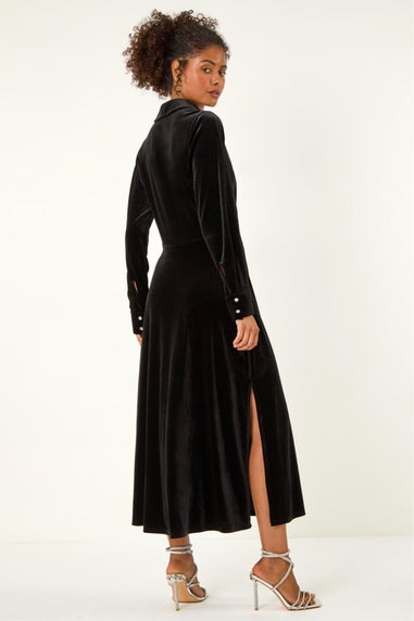 Dusk Black Velvet Button Midi Shirt Dress