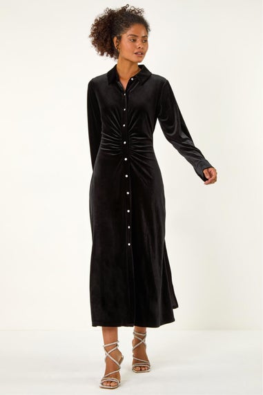 Dusk Black Velvet Button Midi Shirt Dress