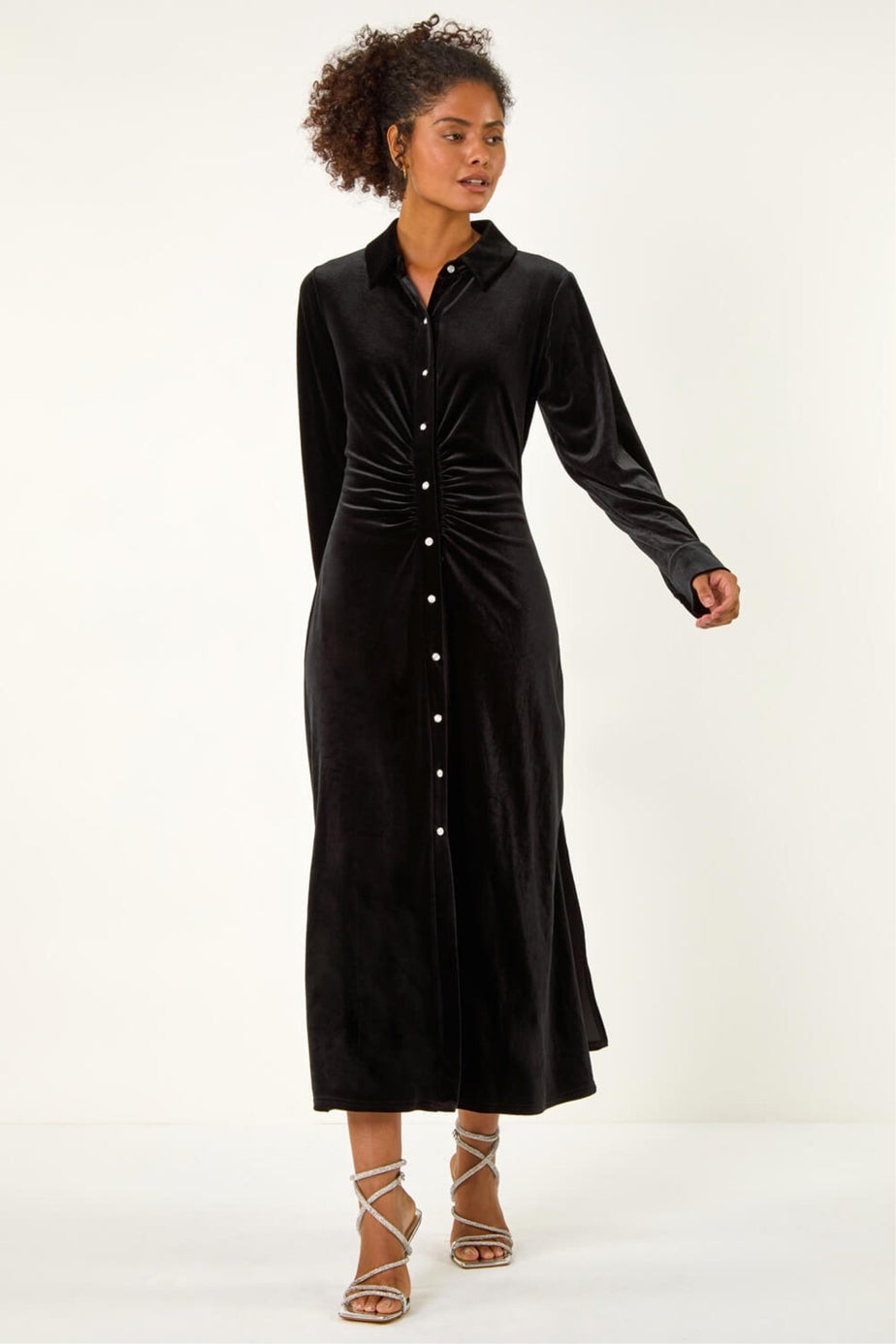 Dusk Black Velvet Button Midi Shirt Dress