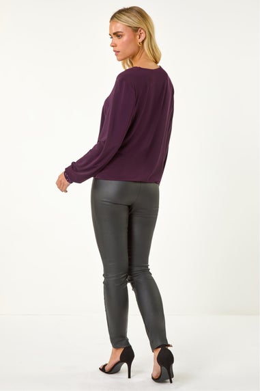 Roman Plum Petite Sequin Trim Blouson Top