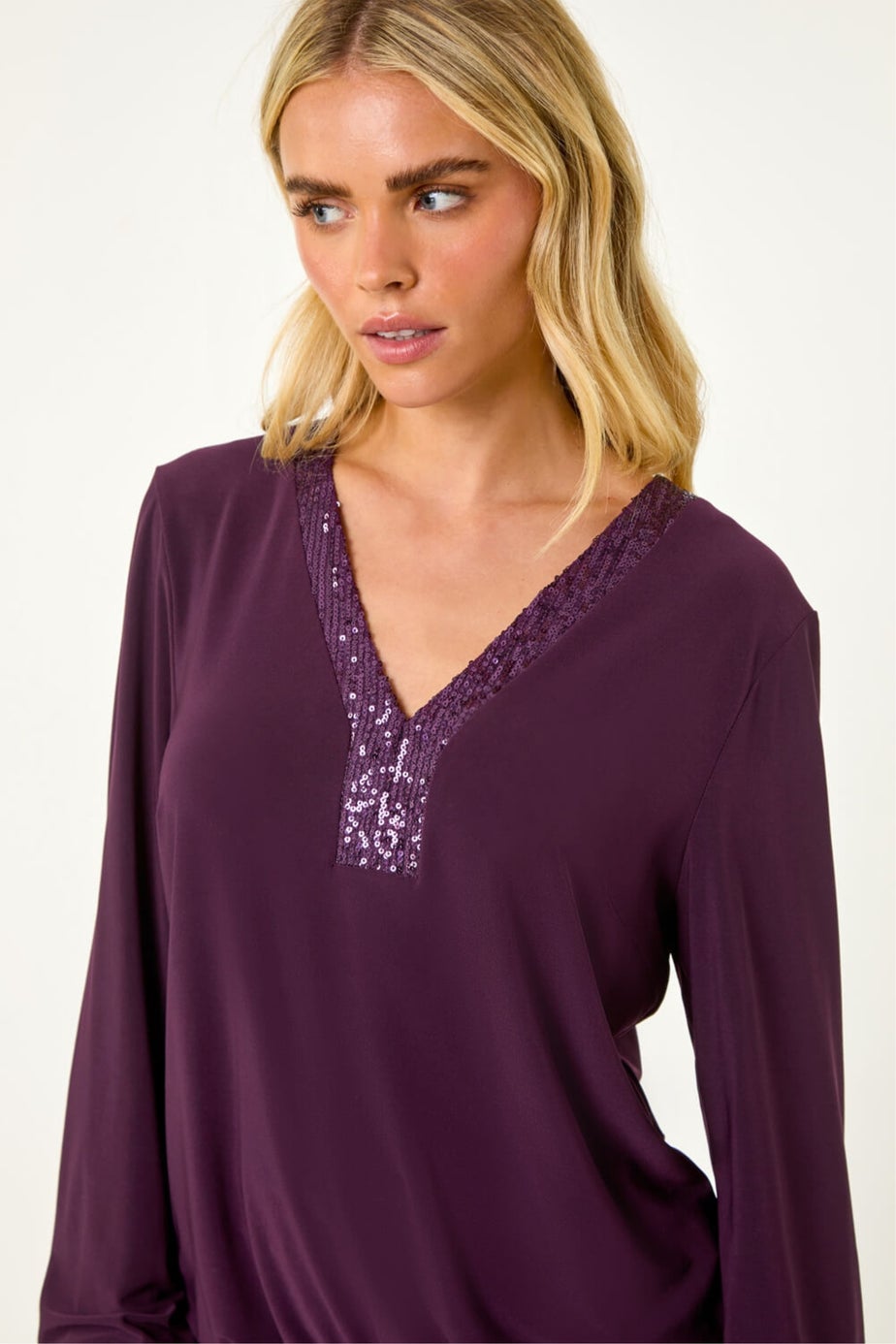 Roman Plum Petite Sequin Trim Blouson Top