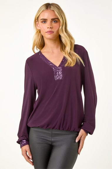 Roman Plum Petite Sequin Trim Blouson Top