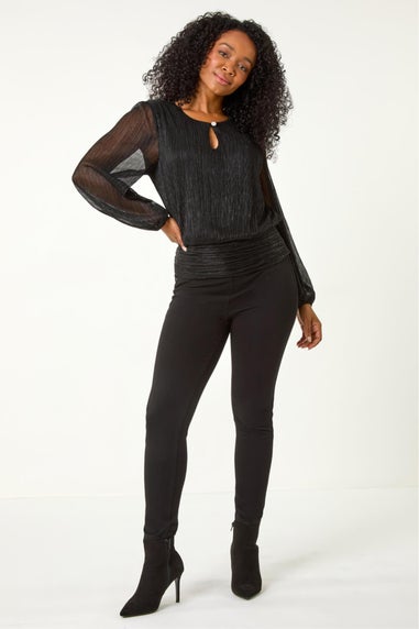Roman Black Petite Crinkle Keyhole Shimmer Top
