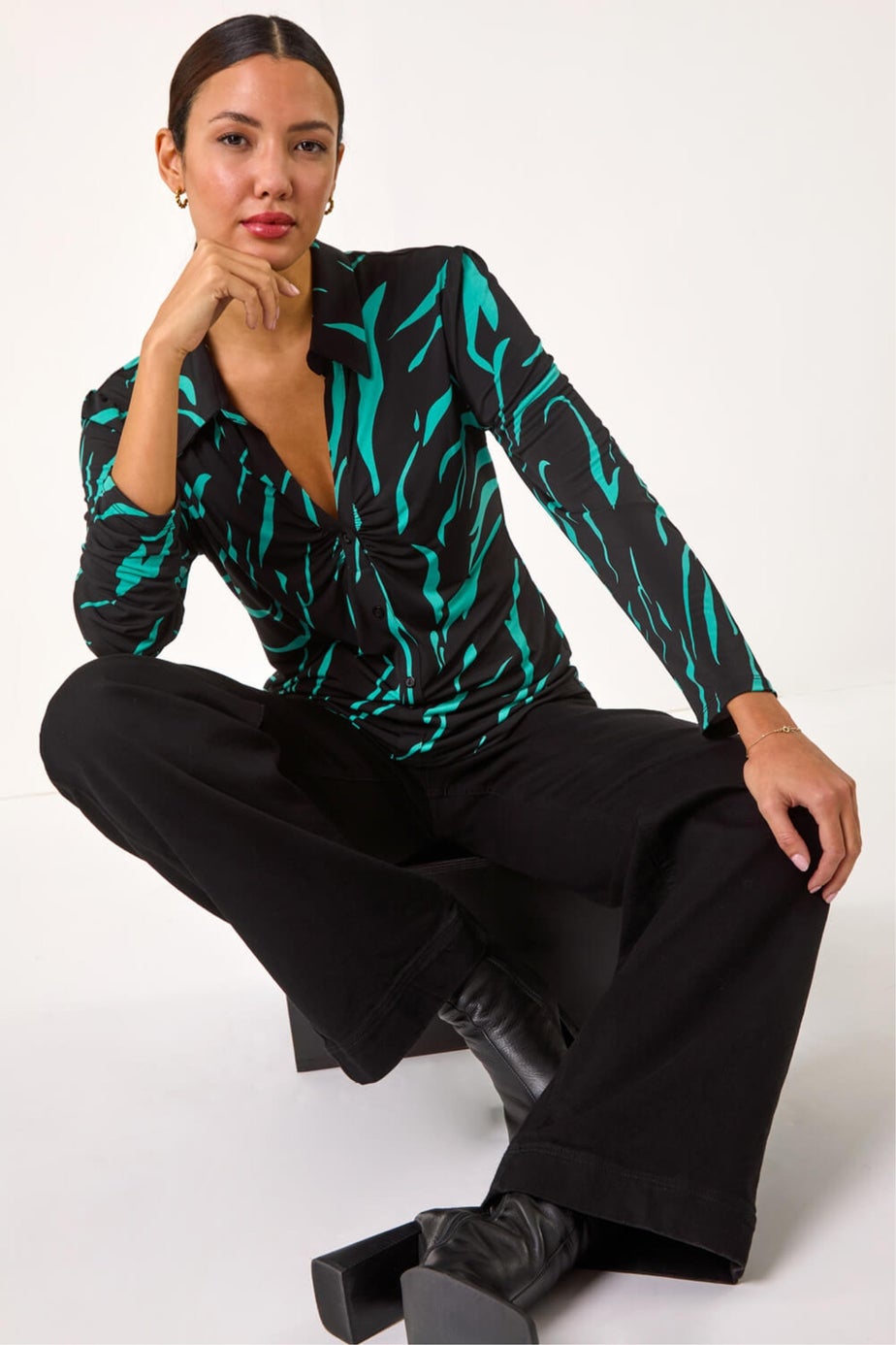 Roman Teal Abstract Linear Print Stretch Blouse