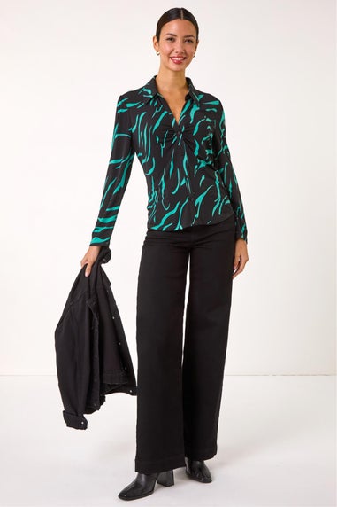 Roman Teal Abstract Linear Print Stretch Blouse