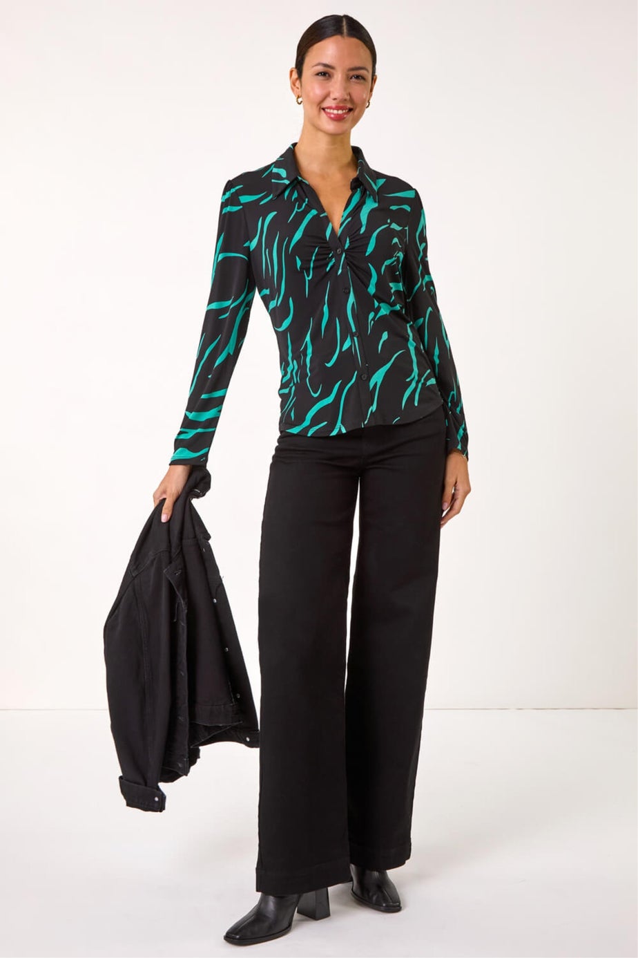 Roman Teal Abstract Linear Print Stretch Blouse