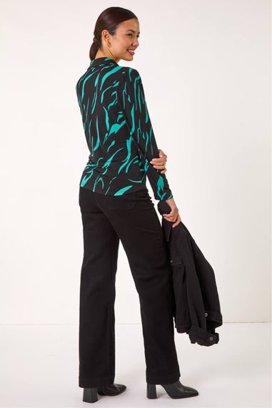 Roman Teal Abstract Linear Print Stretch Blouse
