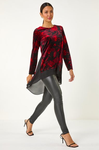 Roman Red Velvet Rose Print Chiffon Hem Top