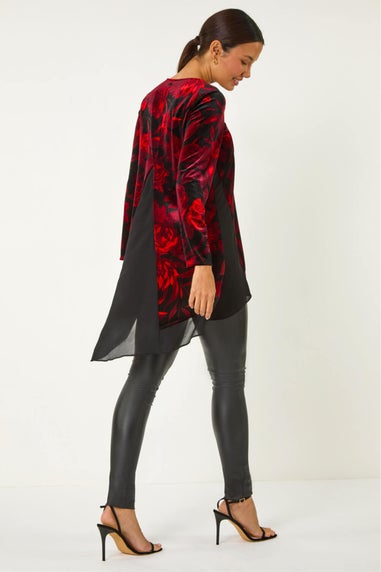 Roman Red Velvet Rose Print Chiffon Hem Top