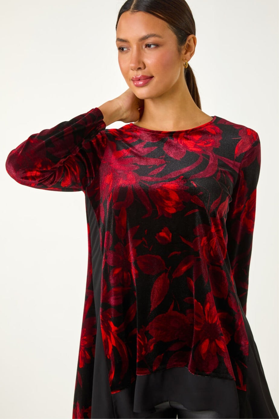 Roman Red Velvet Rose Print Chiffon Hem Top