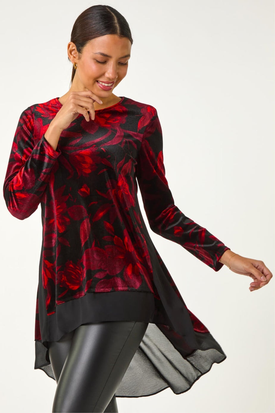 Roman Red Velvet Rose Print Chiffon Hem Top