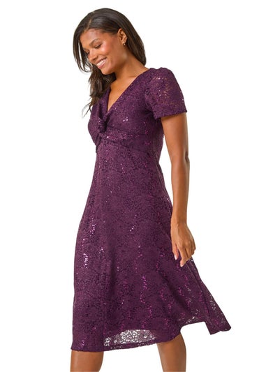 Roman Purple Sequin Lace Twist Front Midi Dress