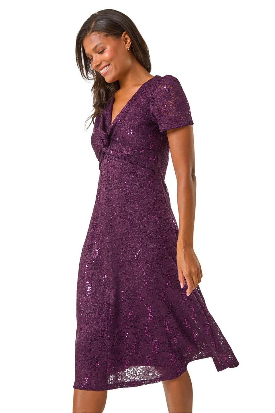 Roman Purple Sequin Lace Twist Front Midi Dress