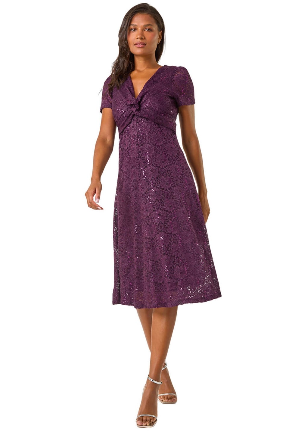 Roman Purple Sequin Lace Twist Front Midi Dress