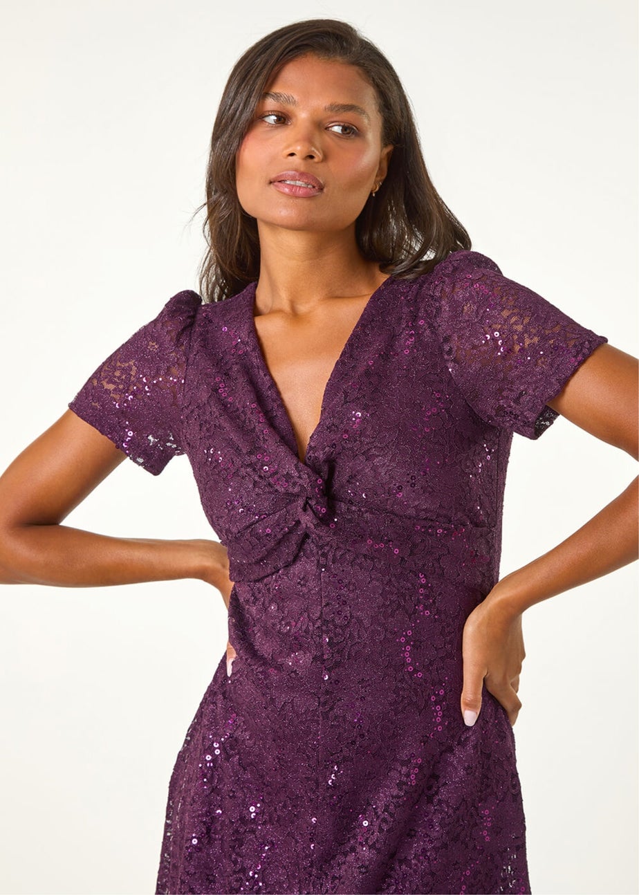 Roman Purple Sequin Lace Twist Front Midi Dress
