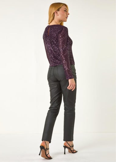 Dusk Purple Sequin Long Sleeve Stretch Top