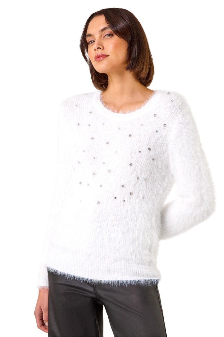 Roman Ivory Embellished Fluffy Knit Jumper