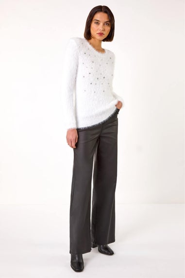 Roman Ivory Embellished Fluffy Knit Jumper