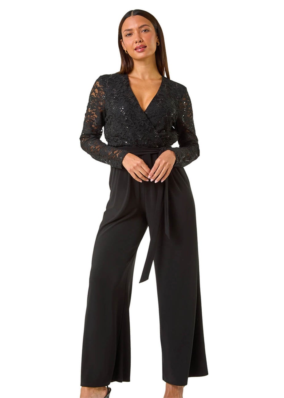 Roman Black Sequin Lace V-Neck Stretch Jumpsuit