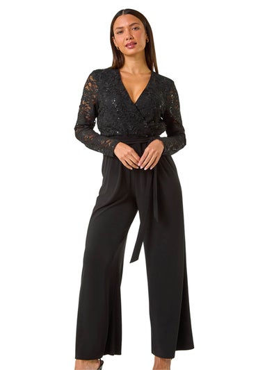 Roman Black Sequin Lace V-Neck Stretch Jumpsuit