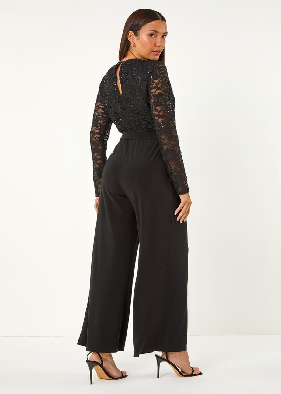 Roman Black Sequin Lace V-Neck Stretch Jumpsuit