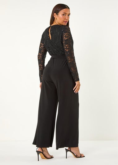 Roman Black Sequin Lace V-Neck Stretch Jumpsuit