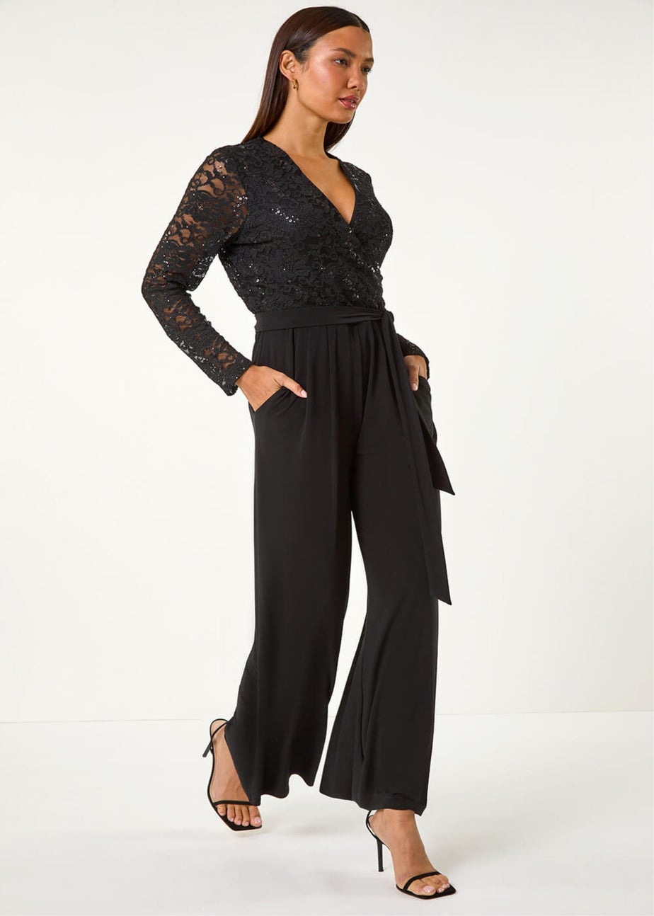 Roman Black Sequin Lace V-Neck Stretch Jumpsuit