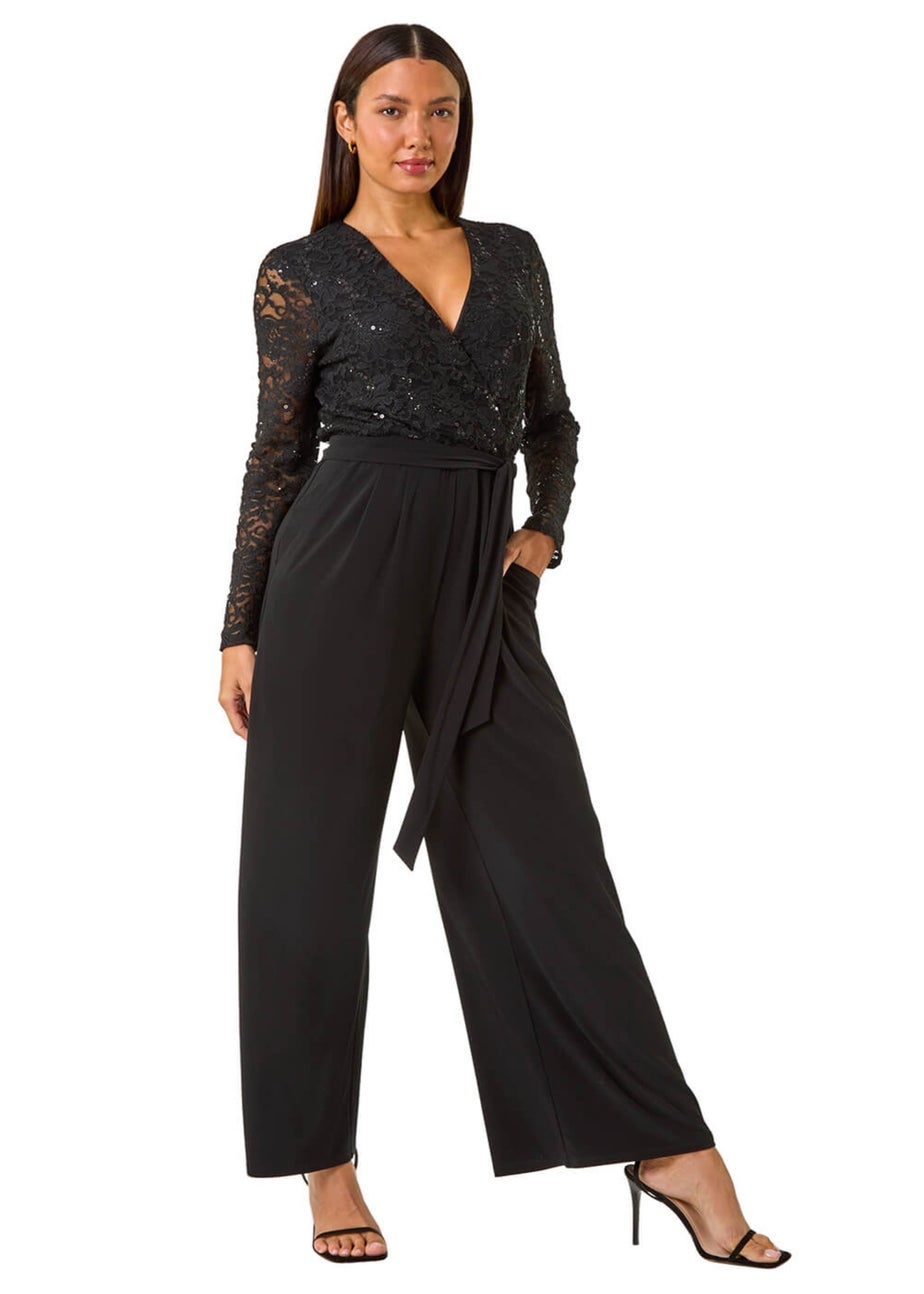 Roman Black Sequin Lace V-Neck Stretch Jumpsuit