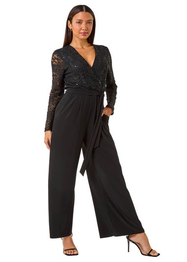 Roman Black Sequin Lace V-Neck Stretch Jumpsuit