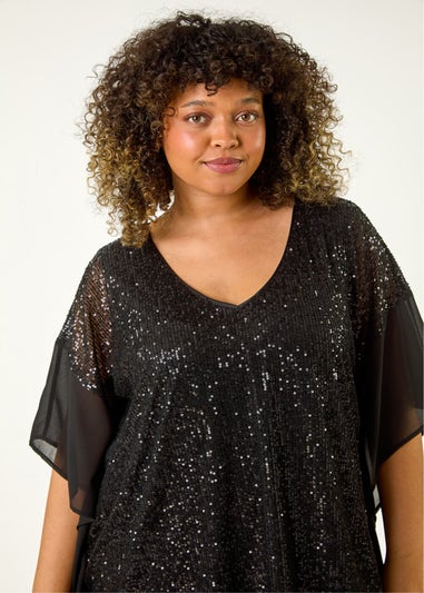 Roman Black Curve Full Sequin Chiffon Overlay Top