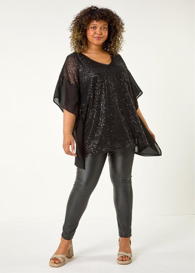 Roman Black Curve Full Sequin Chiffon Overlay Top