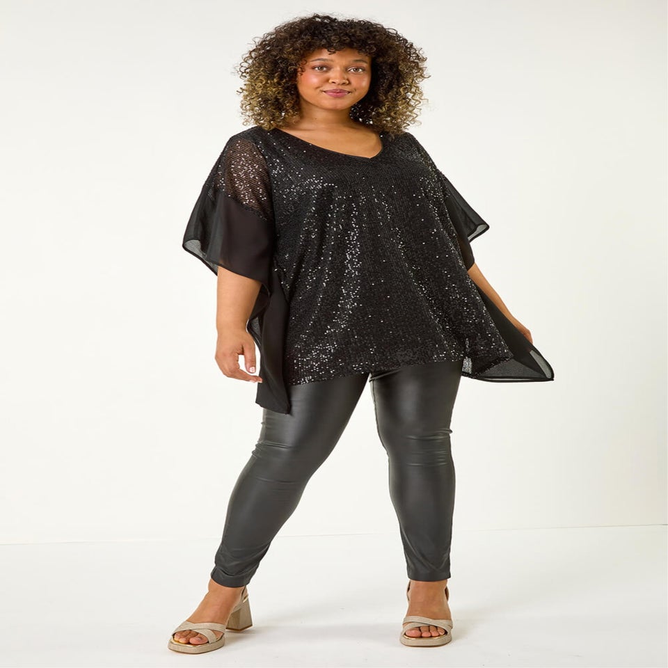 Roman Black Curve Full Sequin Chiffon Overlay Top