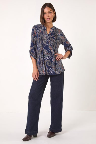 Roman Navy Paisley Print Pintuck Stretch Shirt