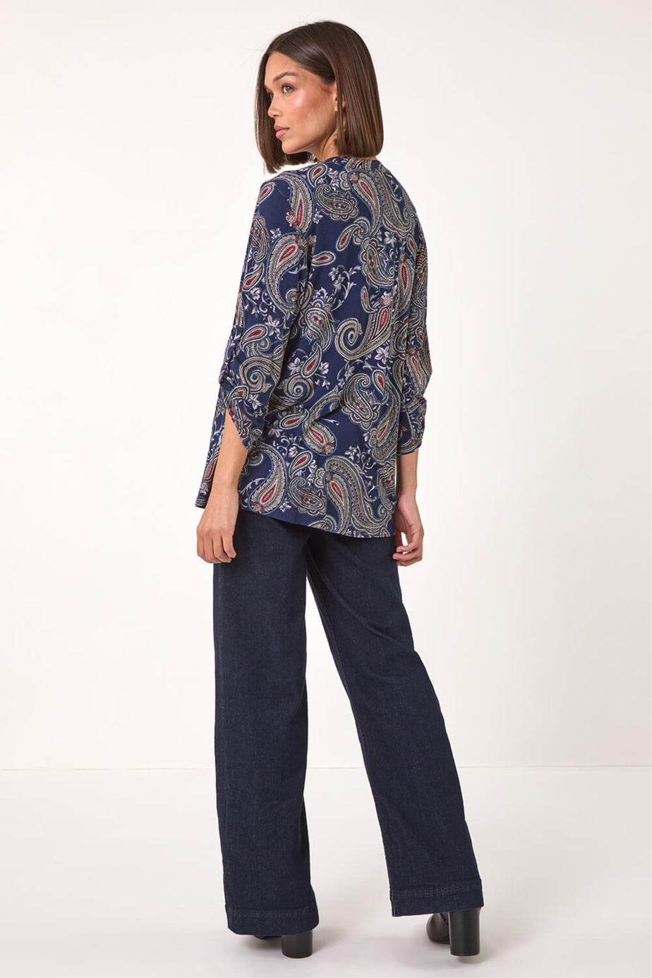 Roman Navy Paisley Print Pintuck Stretch Shirt