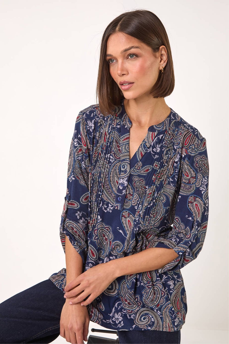 Roman Navy Paisley Print Pintuck Stretch Shirt