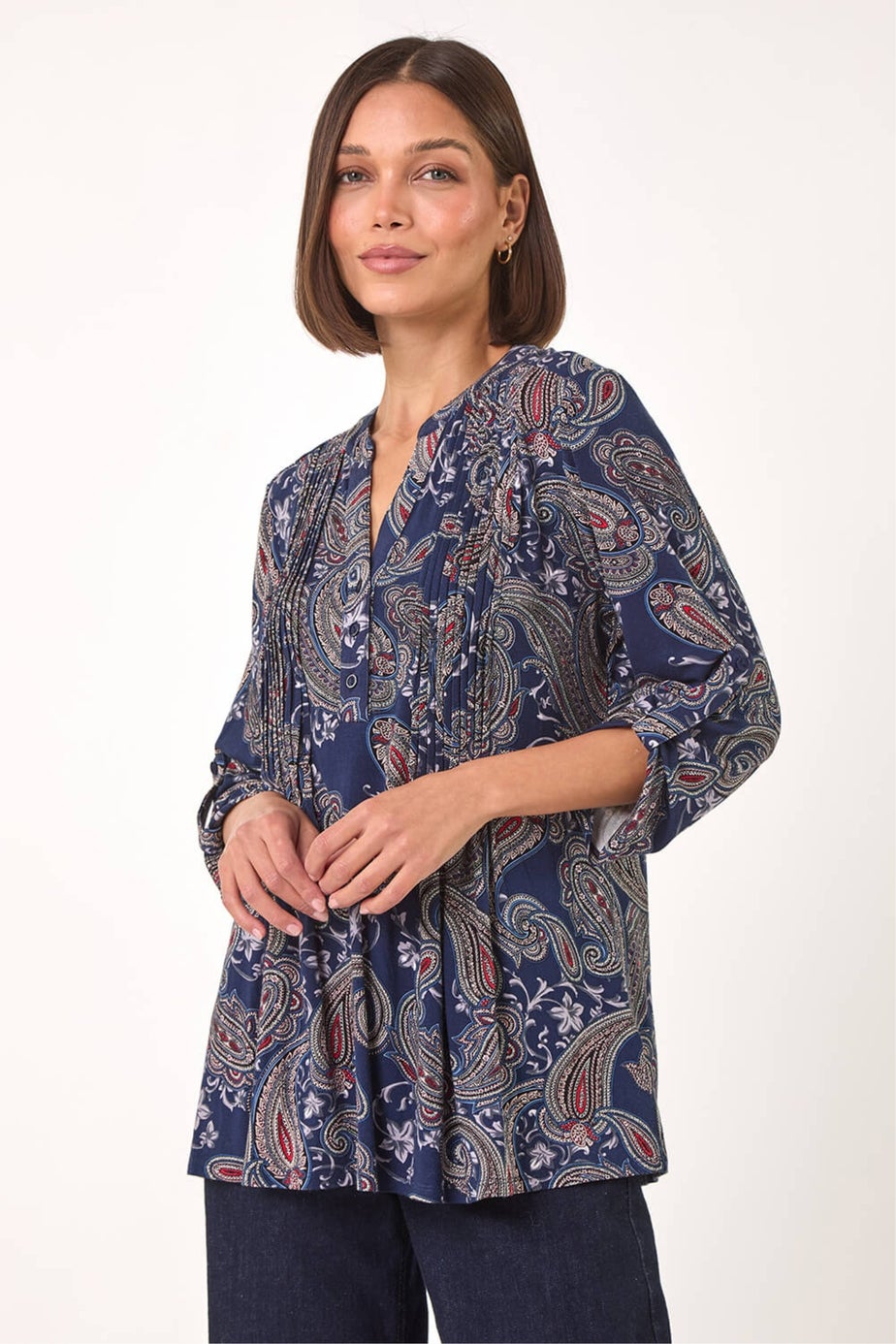 Roman Navy Paisley Print Pintuck Stretch Shirt