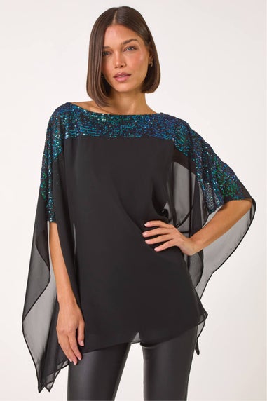 Roman Green Sequin Yoke Contrast Chiffon Top