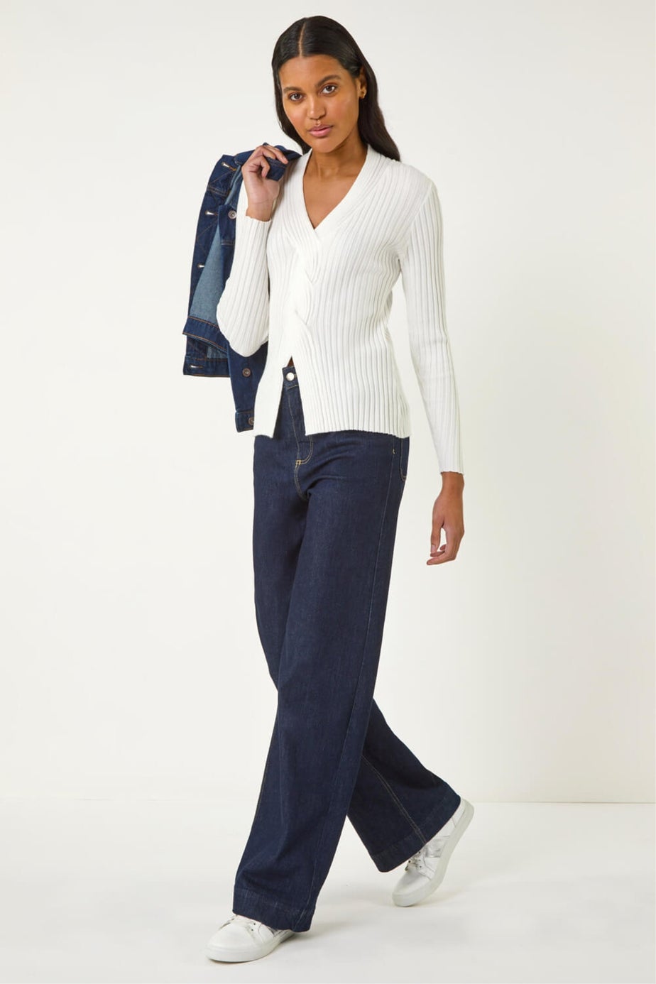 Roman Ivory Cable Split Detail Rib Jumper