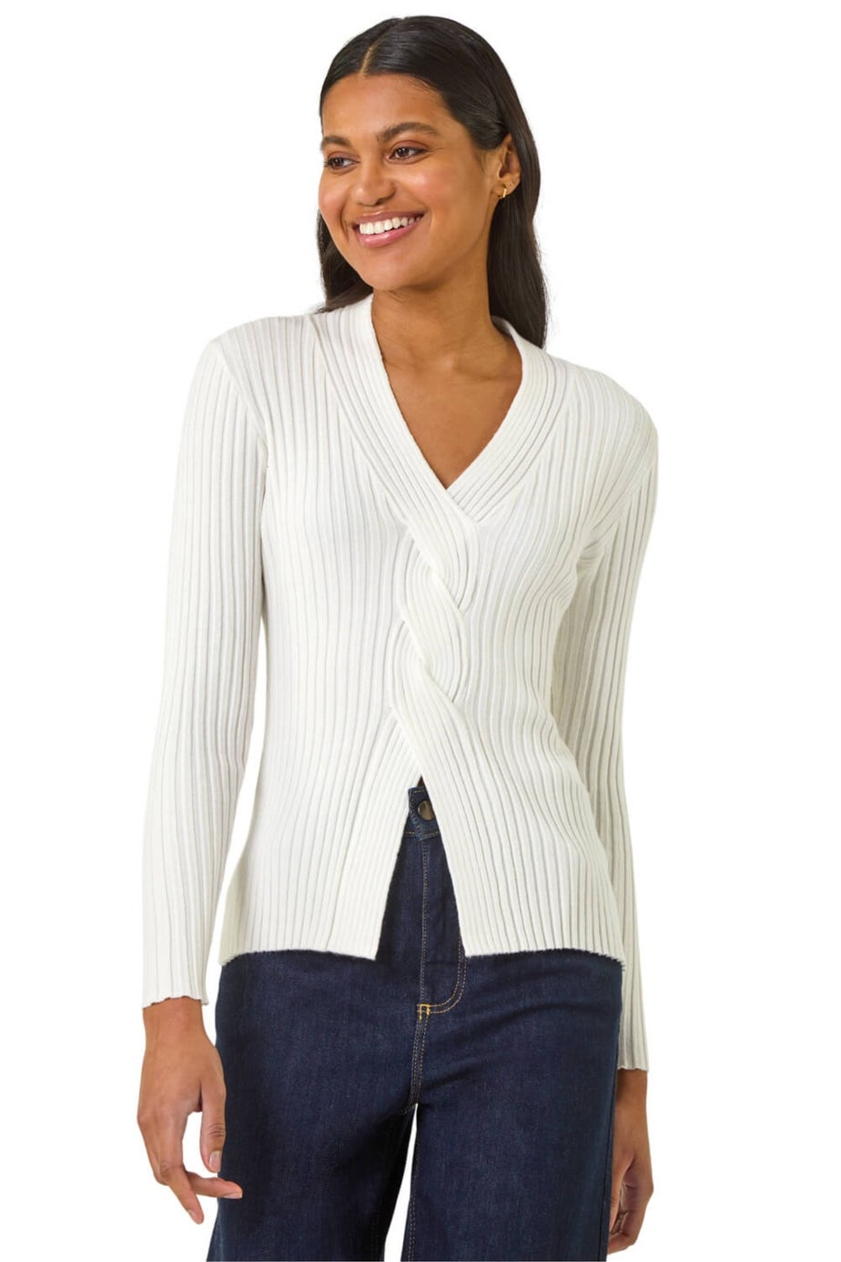 Roman Ivory Cable Split Detail Rib Jumper