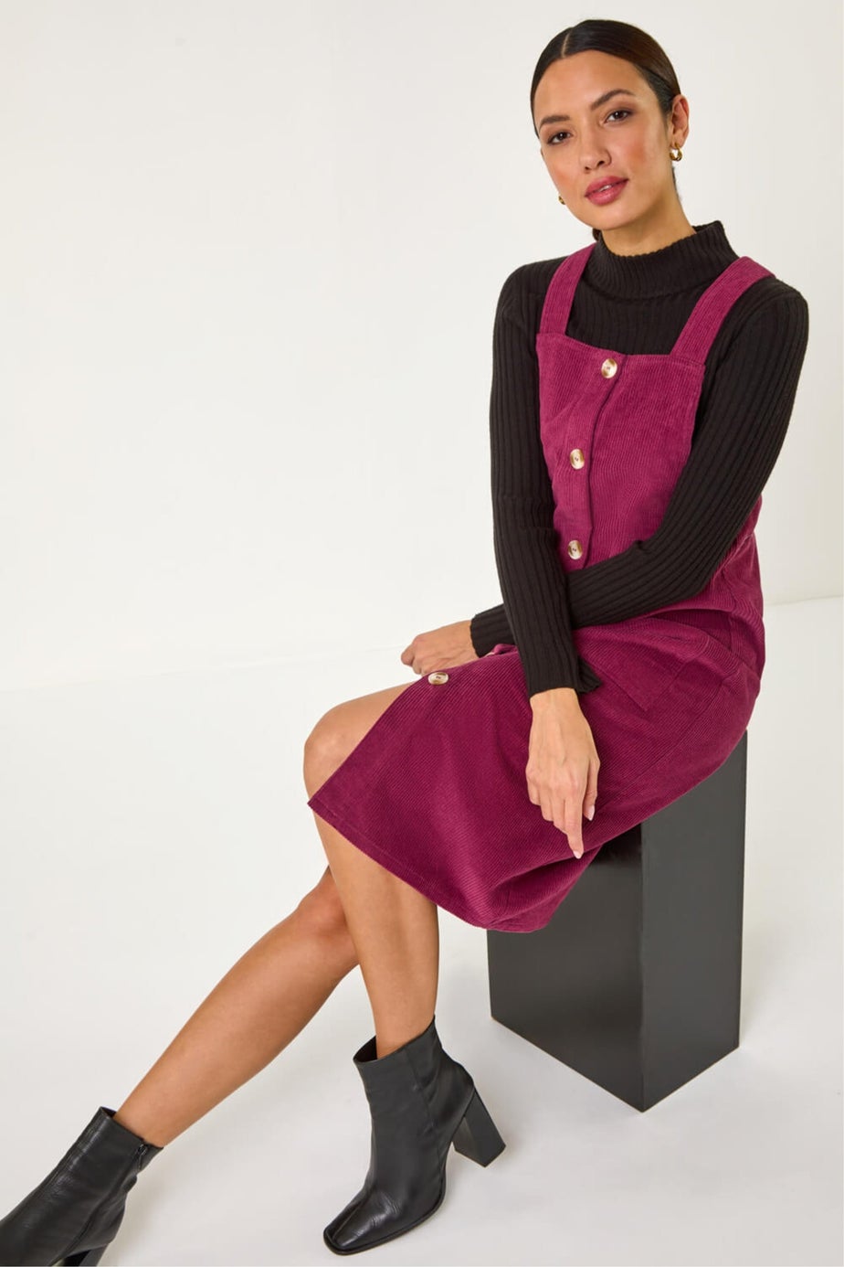 Roman Wine Corduroy Pinafore Midi Dress