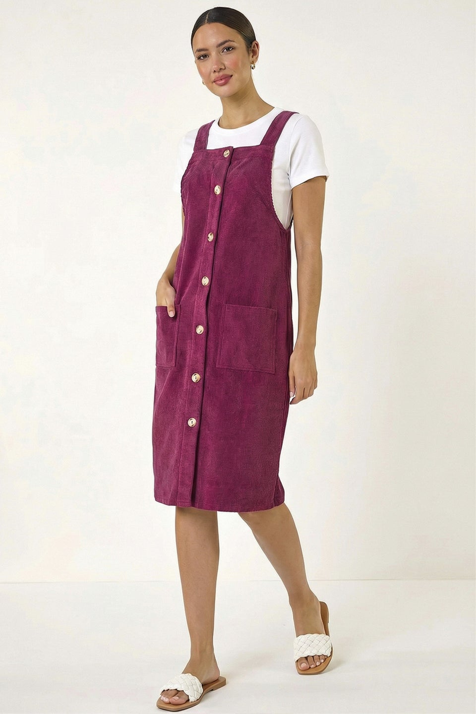 Roman Wine Corduroy Pinafore Midi Dress