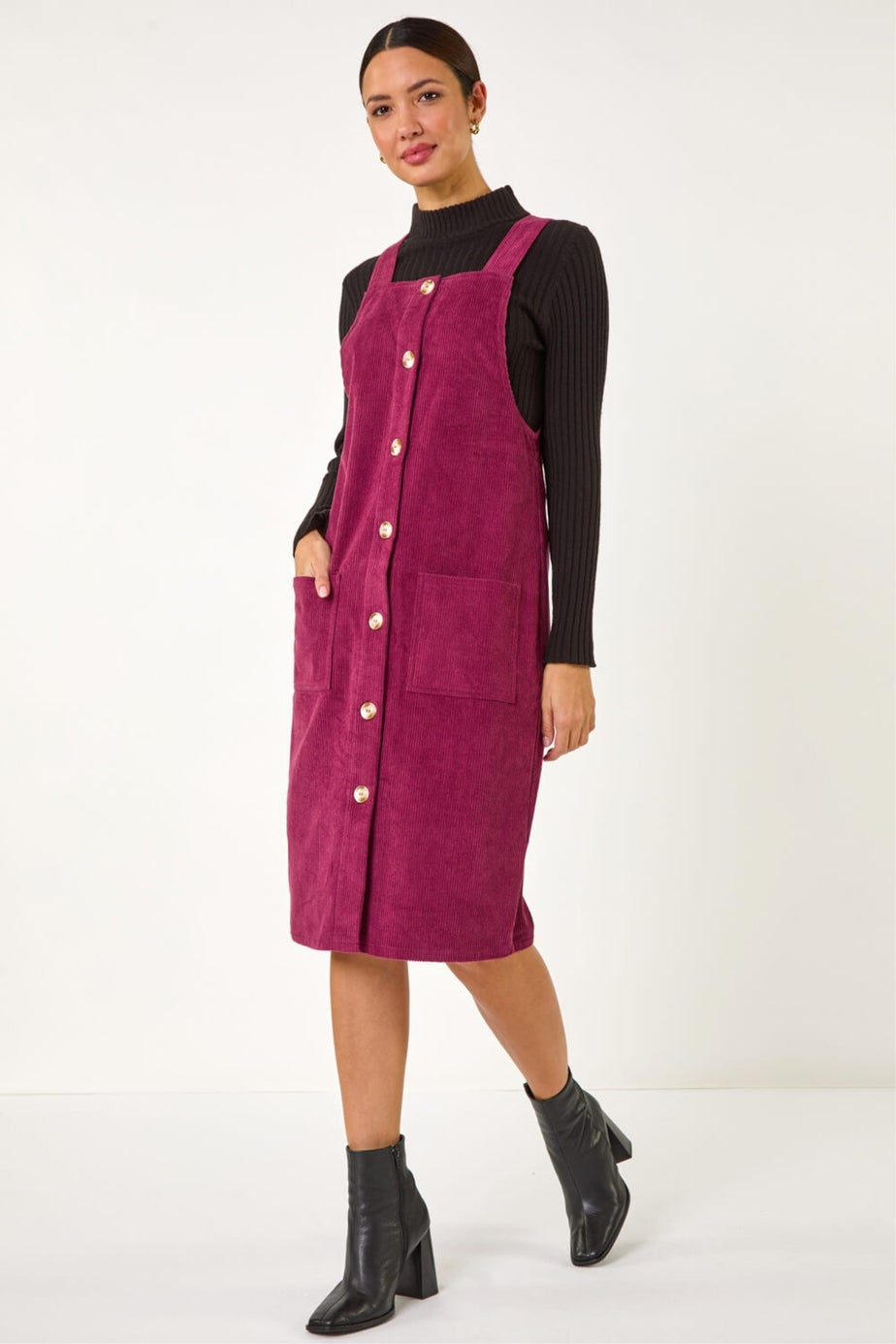 Roman Wine Corduroy Pinafore Midi Dress
