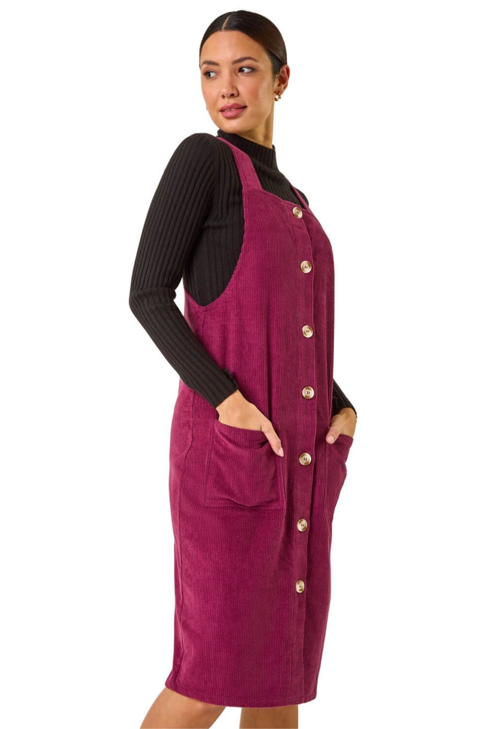 Roman Wine Corduroy Pinafore Midi Dress