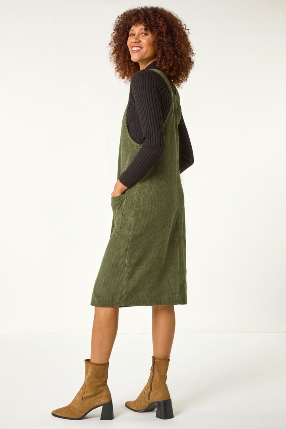 Roman Khaki Corduroy Pinafore Midi Dress