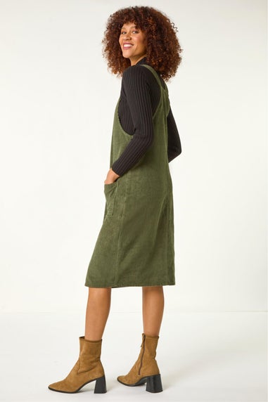 Roman Khaki Corduroy Pinafore Midi Dress