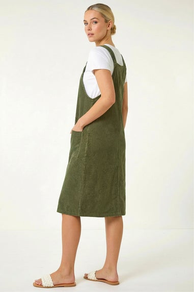 Roman Khaki Corduroy Pinafore Midi Dress